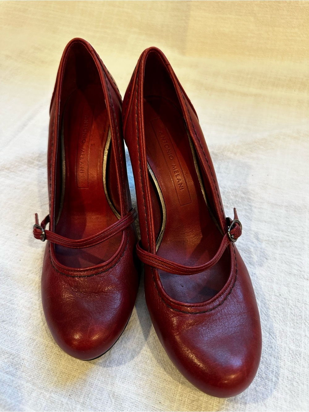 ANTONIO MELANI Deep Red Mary Jane Leather Pumps
